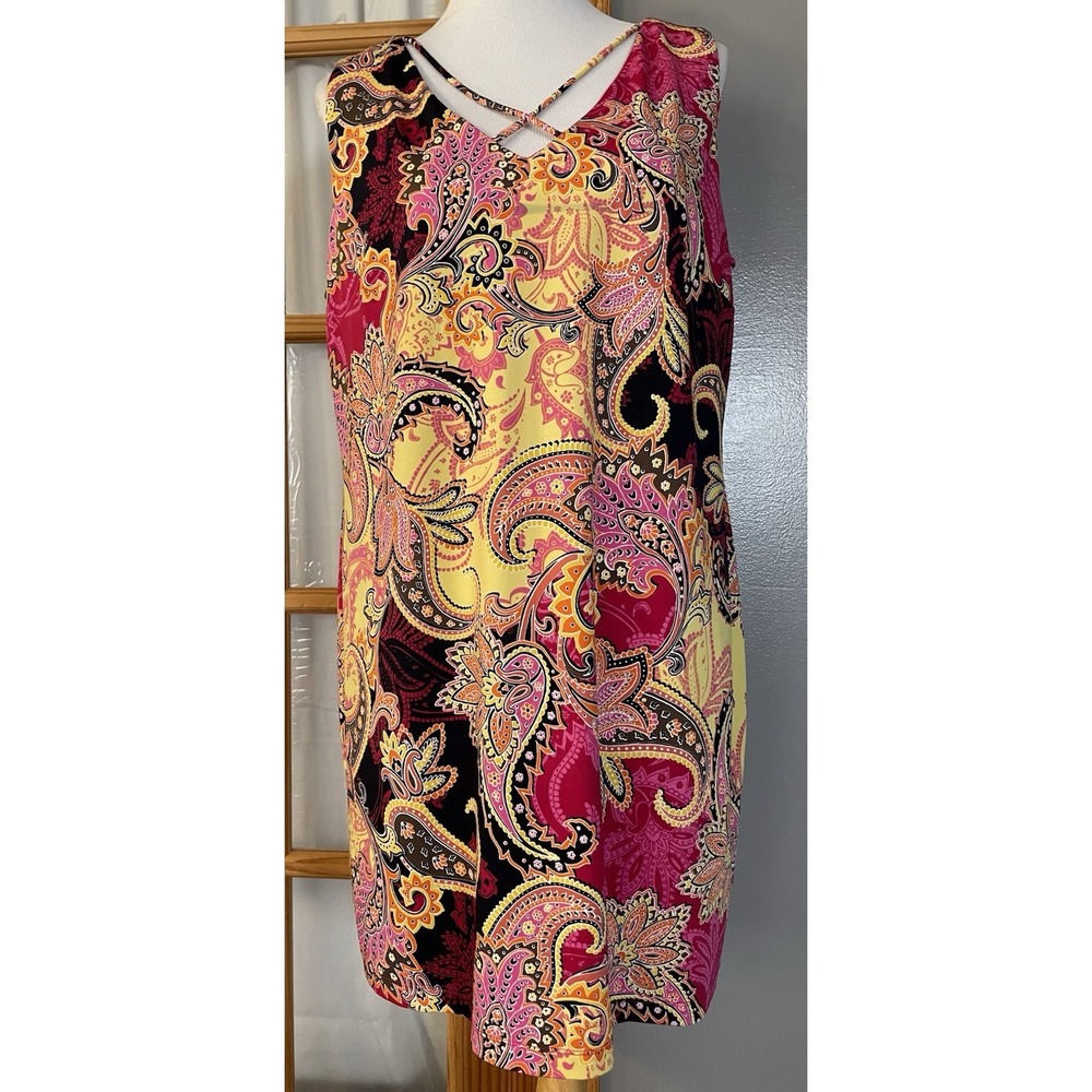 90s R&K Paisley Shift Mini Dress Sz 16P Fuchsia Yellow Crisscross Strap Colorful - Picture 1 of 13
